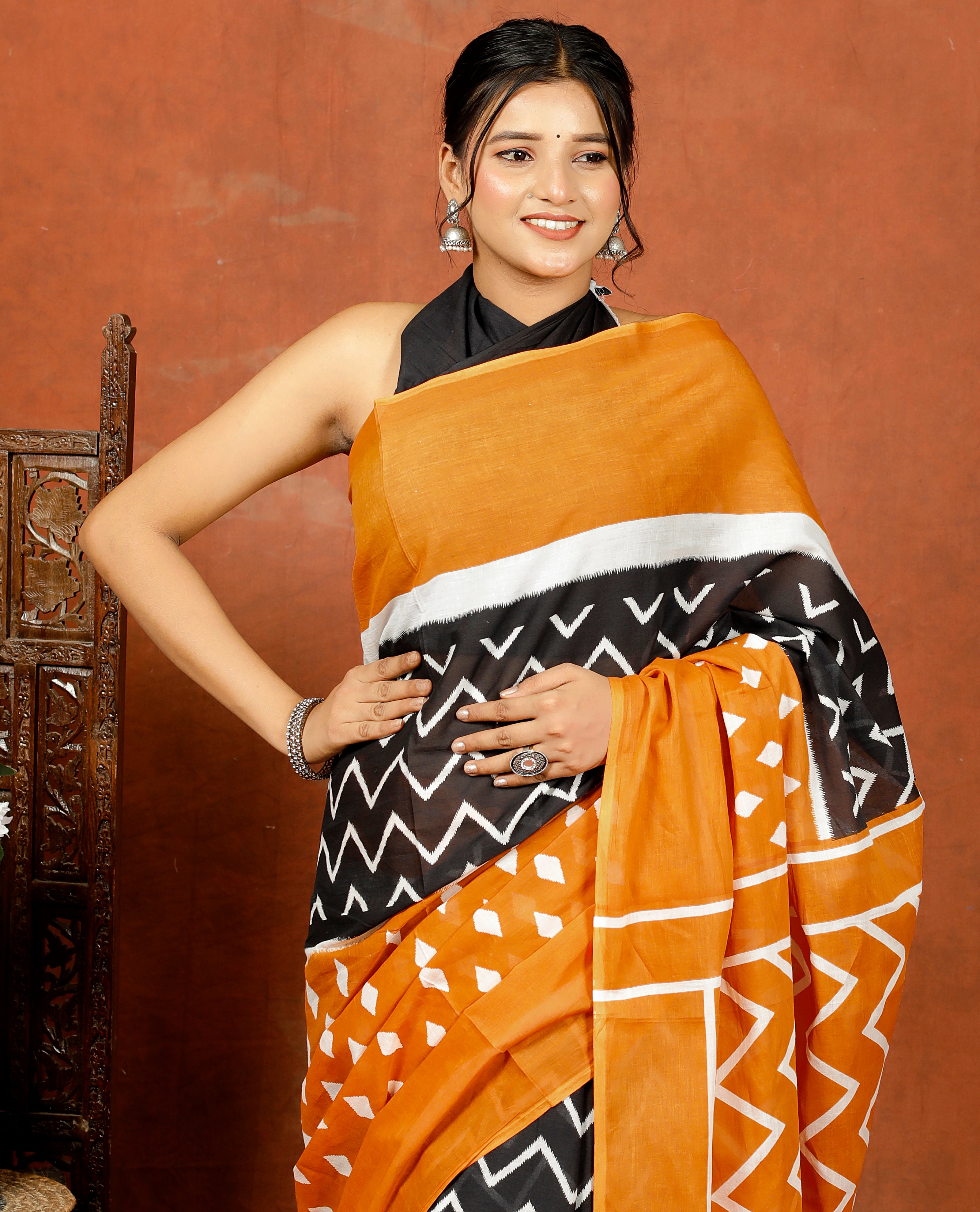 Traditional Orange and Black Printed Saree with Blouse Piece view 2